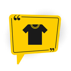 Black T-shirt icon isolated on white background. Yellow speech bubble symbol. Vector.