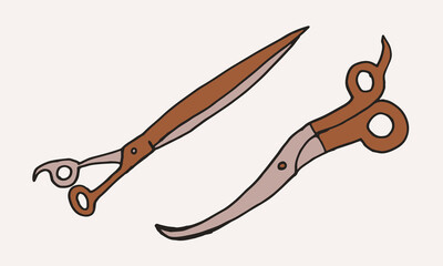 Hand drawn grooming tools. Vector illustration of hairdresser accessories. Barber shop, pet service. Scissors isolated on white background.