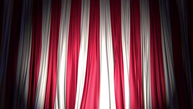 Realistic dark 3D animation of the striped circus stage curtains rendered in UHD, alpha matte is included