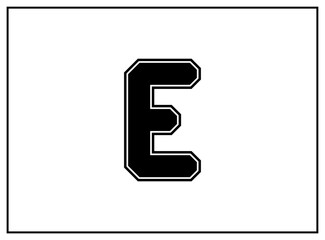 E letter classic american, college style font. Uniform letter in black with a black outside contour line. Vintage sport font.For jersey, t-shirt, basketball, baseball, football. Isolated vector