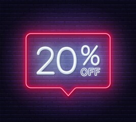 20 percent off neon sign on brick wall background. Vector illustration.