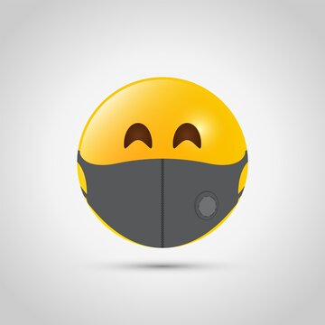 Emoji with grey mouth respiratory mask. Yellow emoji icon on grey template. Medical face mask. Vector