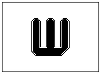 W letter classic american, college style font. Uniform letter in black with a black outside contour line. Vintage sport font.For jersey, t-shirt, basketball, baseball, football. Isolated vector