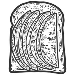 Avocado sandwich. Sketch scratch board imitation. Black and white.