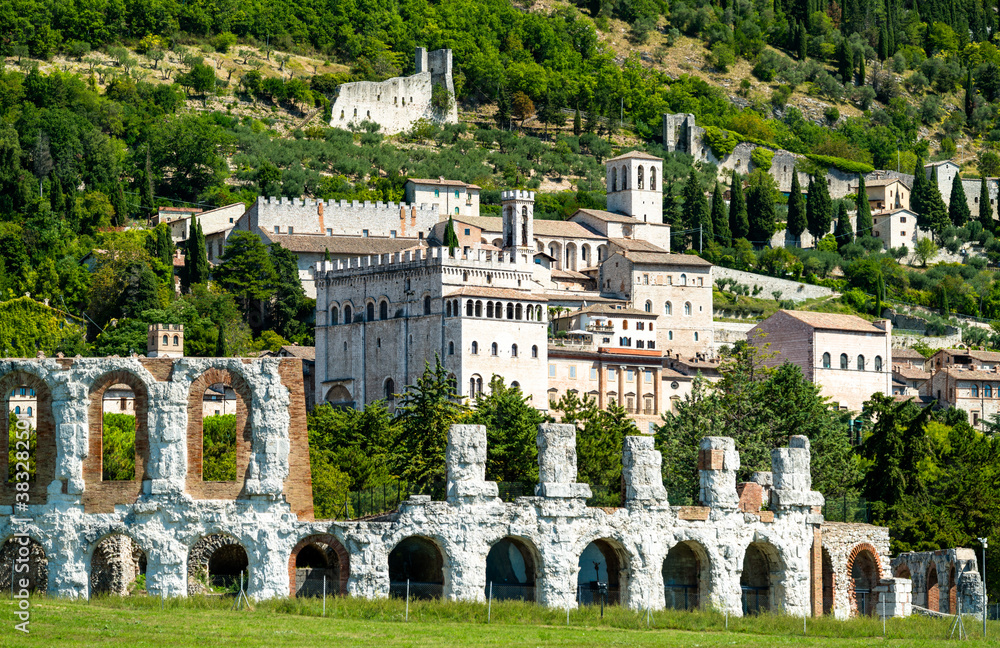 Sticker View of Gubbio with roman theatre in Umbria, Italy