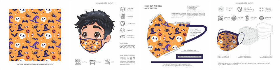 Sweet and Spooky Halloween Face Masks Seamless Prints & Protective Trendy Cute Cartoon Animated Character Face Mask Patterns for Kids Suitable for Back to School Look