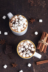 Two white ceramic cups with hot cocoa or chocolate with marshmallow and anise, cinnamon and bitter chocolate on dark brown stone background.