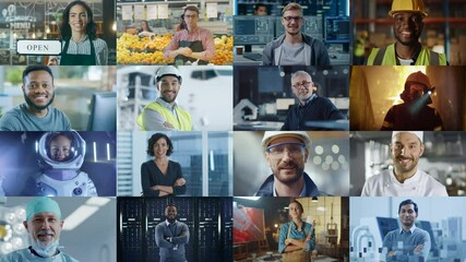 Multiple Screen Montage: Diverse Group of Professional People Smiling. Business People, Entrepreneur, Worker, Engineers, Female Astronaut, Artist, Chef, CEO, IT Specialist. Happy Workers of the World