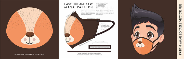 Face Mask Pattern and Template for children. Suitable for the Back to School Season Animal Print