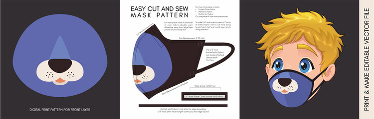 Face Mask Pattern and Template for children. Suitable for the Back to School Season Animal Print
