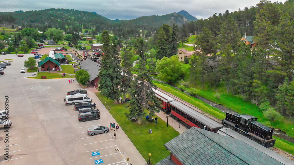 Poster Aerial view of Hill City Train Stations and town, South Dakota