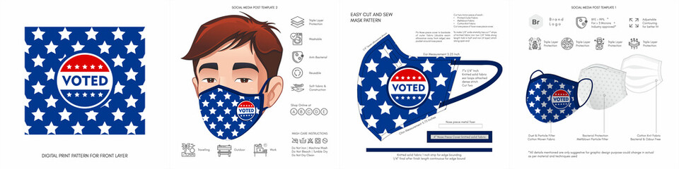 Vote face mask for 2020 election, background, pattern, print, mock-up, I voted