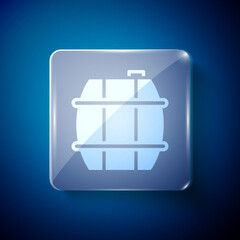 White Wooden barrel for wine icon isolated on blue background. Square glass panels. Vector.
