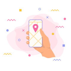 Smartphone in human hand, location icon on the screen. Vector illustration.