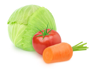 vegetable composition: cabbage, tomato, carrot on white background.