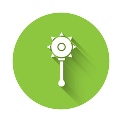 White Medieval chained mace ball icon isolated with long shadow. Medieval weapon. Green circle button. Vector.