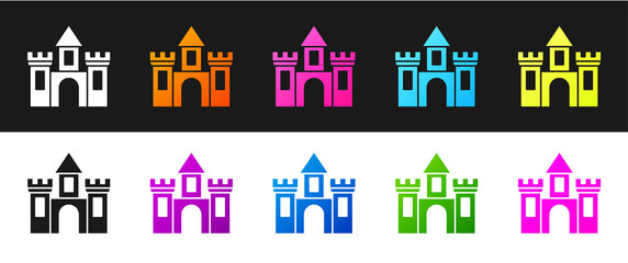 Set Castle icon isolated on black and white background. Medieval fortress with a tower. Protection from enemies. Reliability and defense of the city. Vector.