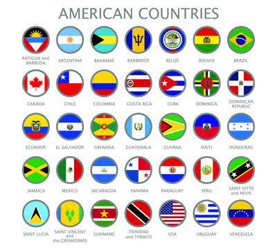 All national flags of the countries of American continents in alphabetical order. Official colors flags and round design. Vector illustration