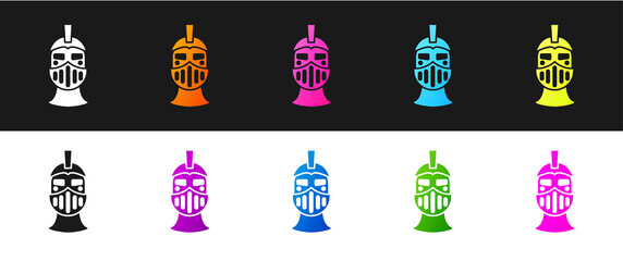 Set Medieval iron helmet for head protection icon isolated on black and white background. Vector.