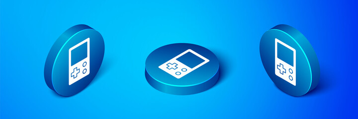 Isometric Portable tetris electronic game icon isolated on blue background. Vintage style pocket brick game. Interactive playing device. Blue circle button. Vector.