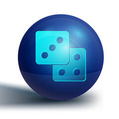 Blue Game dice icon isolated on white background. Casino gambling. Blue circle button. Vector.