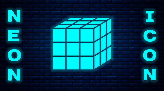 Glowing neon Rubik cube icon isolated on brick wall background. Mechanical puzzle toy. Rubik's cube 3d combination puzzle. Vector.