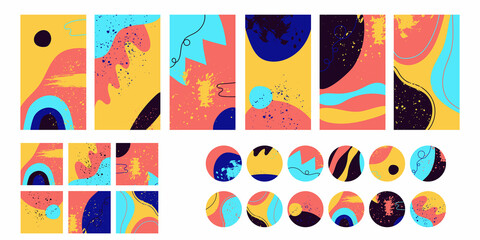 Fototapeta premium Trendy backgrounds. Patterns doodle shapes bright neon forms textures. Hand drawn abstract vector set. Insta story, posts, highlights templates for social media marketing prints, banners