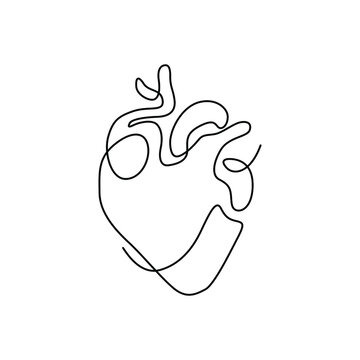 Heart continuous line drawing, isolated vector illustration, human heart small tattoo, print and logo design, single line on a white background. 