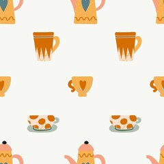 Utensil seamless pattern. Hand drawn textured colorful kitchen cartoon ceramic tableware, cute teapot, cup and mug creative design textile, wrapping paper, wallpaper vector texture
