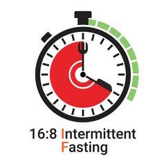 16/8 Intermittent Fasting (IF) is a form of time restricted fasting eating. Daily eating and fasting period for loss weight diet concept. Vector of stop clock face symbol isolated on white background