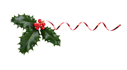 A sprig, three leaves, of green holly and red berries and red ribbon for Christmas decoration...