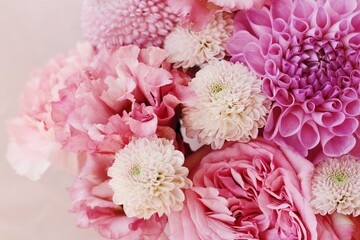 Beautiful bouquet of pink flowers close up 