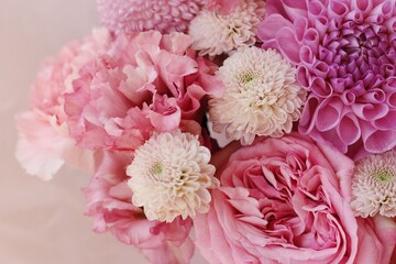 Beautiful bouquet of pink flowers close up 