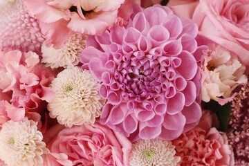 Beautiful bouquet of pink flowers close up 