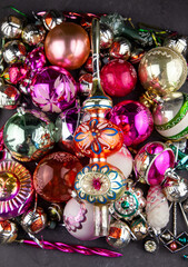 Christmas balls for a christmas background. Old retro ball for decorating the Christmas tree. Glass New Year decorations.