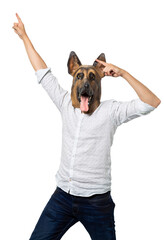 Man in Dog Mask Looking at Camera and Pointing Up in Celebration