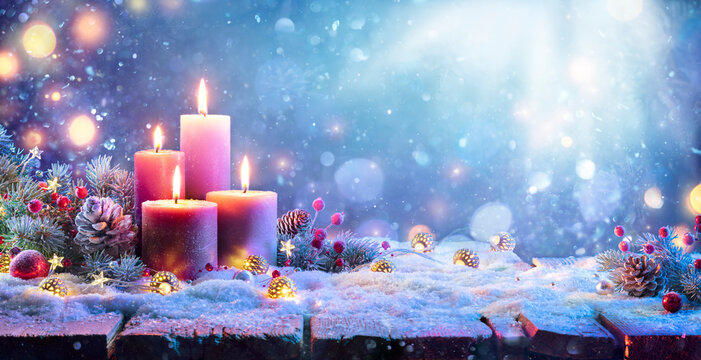 Advent - Four Purple Candles With Christmas Ornament In Shiny Night