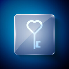 White Key in heart shape icon isolated on blue background. Valentines day symbol. Square glass panels. Vector.