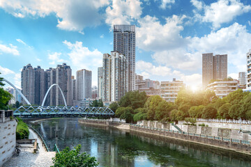 Fototapeta premium Modern tall buildings and bridge, Guiyang city landscape, China.