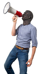 Man in Gorilla Mask Protesting Using Megaphone