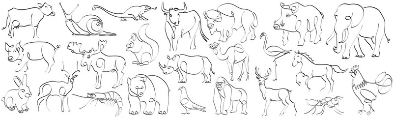 Set of animals in hand drawn minimalism style. Continuous line drawing vector illustration.