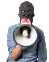 Man in Gorilla Mask Speaking on Megaphone Isolated Cutout