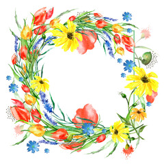 Watercolor Frame of tulips, flower, lavender branch,cornflower. Vintage drawing plant isolated on white background.
Card with red and yellow tulip flowers.
Garden flowers. A whirlwind of flowers,plant