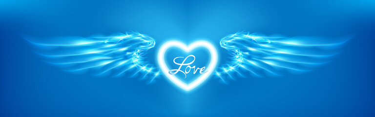 Light cyan heart and angel wings on blue background. Glowing fantasy, Valentines day attribute. Inscription love. Happy greeting card silhouette illuminated luxury glow. Design vector illustration