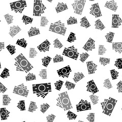 Black Stacks paper money cash icon isolated seamless pattern on white background. Money banknotes stacks. Bill currency. Vector.