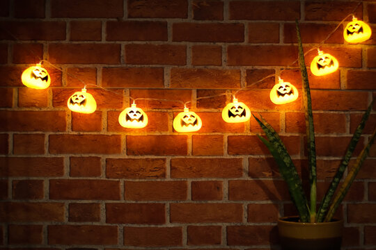Halloween pumpkin string lights glowing , hanging on brick wall with house plant decoration. Halloween decoration concept.