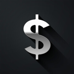 Silver Dollar symbol icon isolated on black background. Cash and money, wealth, payment symbol. Casino gambling. Long shadow style. Vector.