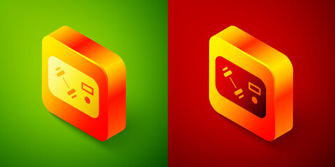 Isometric Fitness club, gym card icon isolated on green and red background. Square button. Vector.