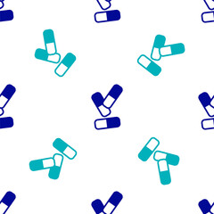 Blue Vitamin complex of pill capsule icon isolated seamless pattern on white background. Healthy lifestyle. Vector.