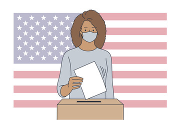 Politics, election, usa, voting concept. United States of America elections 2020 illustration. Young african american woman cartoon character with medical face mask putting vote ballot in bulletin box